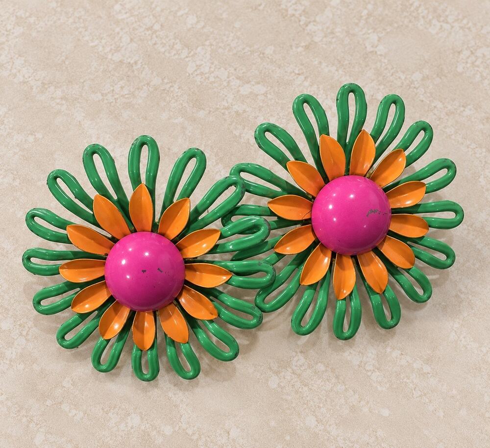 Vintage large 2” bright enamel flower clip on earrings